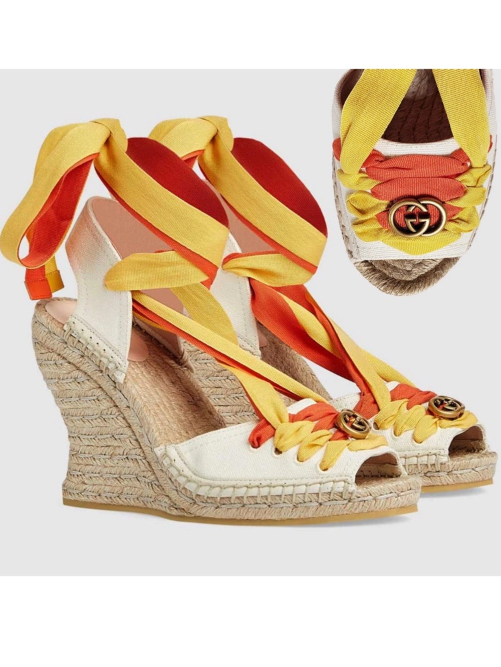 Gucci Yellow and Orange Ribbon Espadrille Wedges with GG Hardware